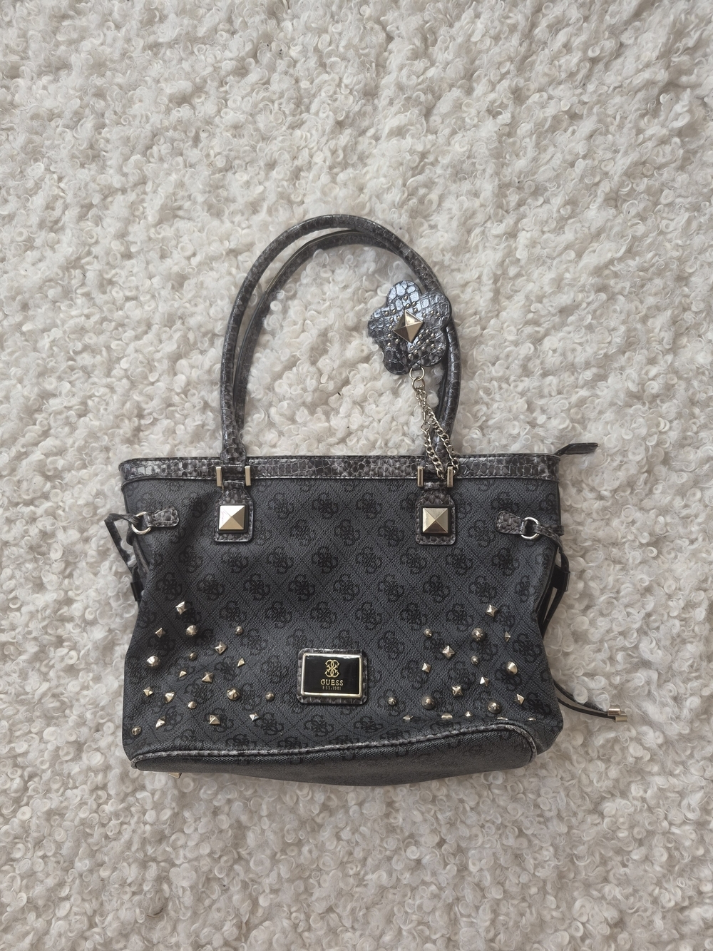 Guess Grey Logo Satchel with Studs & Flower Charm Classic Shoulder Bag